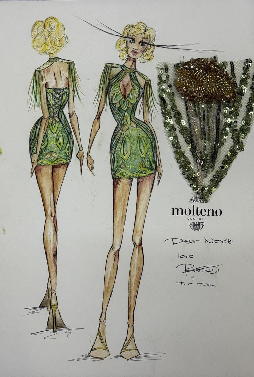 Hand-drawn fashion design sketch of a green cocktail dress with sequin details by Molteno Couture
