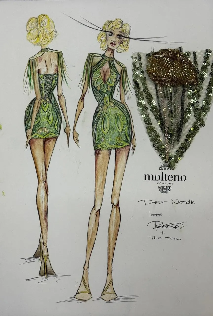 Hand-drawn fashion design sketch of a green cocktail dress with sequin details by Molteno Couture
